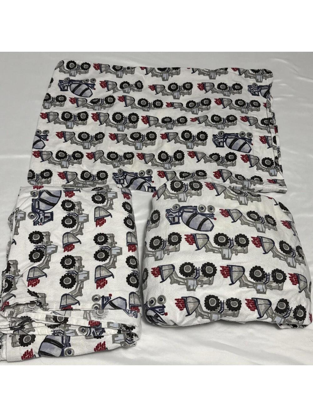 Pottery Barn kids Twin 3 Pc Flannel Sheet Set Cement Truck Bulldozer Vehicles